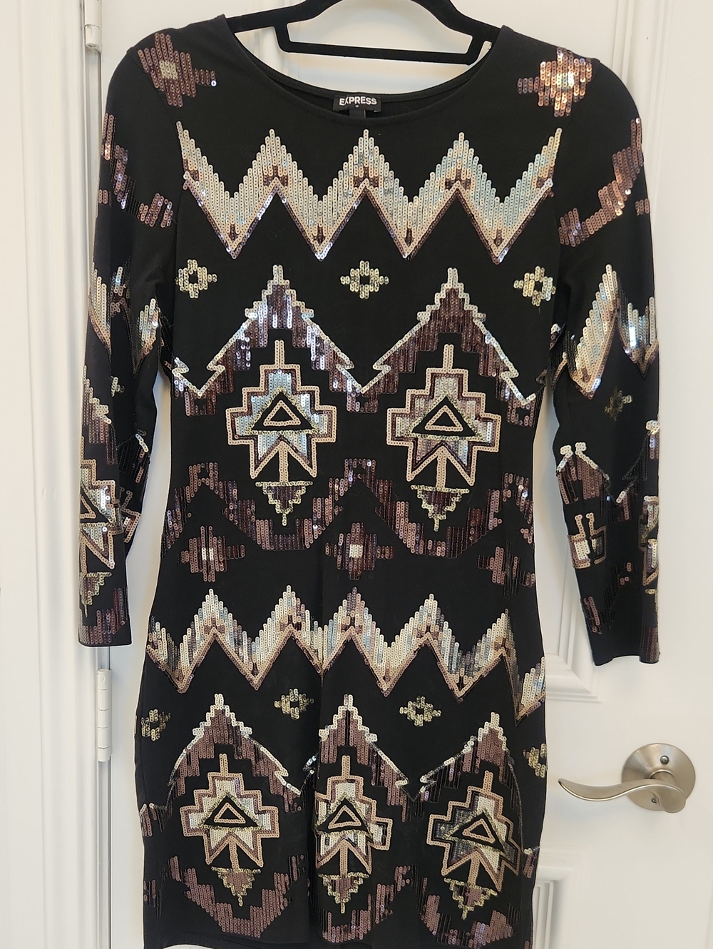 Express Black Long-Sleeve Sequin Aztec Dress